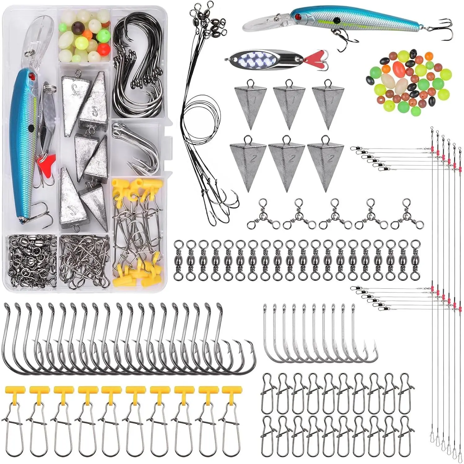 Saltwater Fishing Tackle Kit, 136pcs Surf Fishing Gear Fish Finder Rigs Saltwater Fishing Lures Crankbait Spoon Pyramid Sinker Fishing Hooks Leaders Swivels Ocean Fishing Tackle AccessoriesGift.