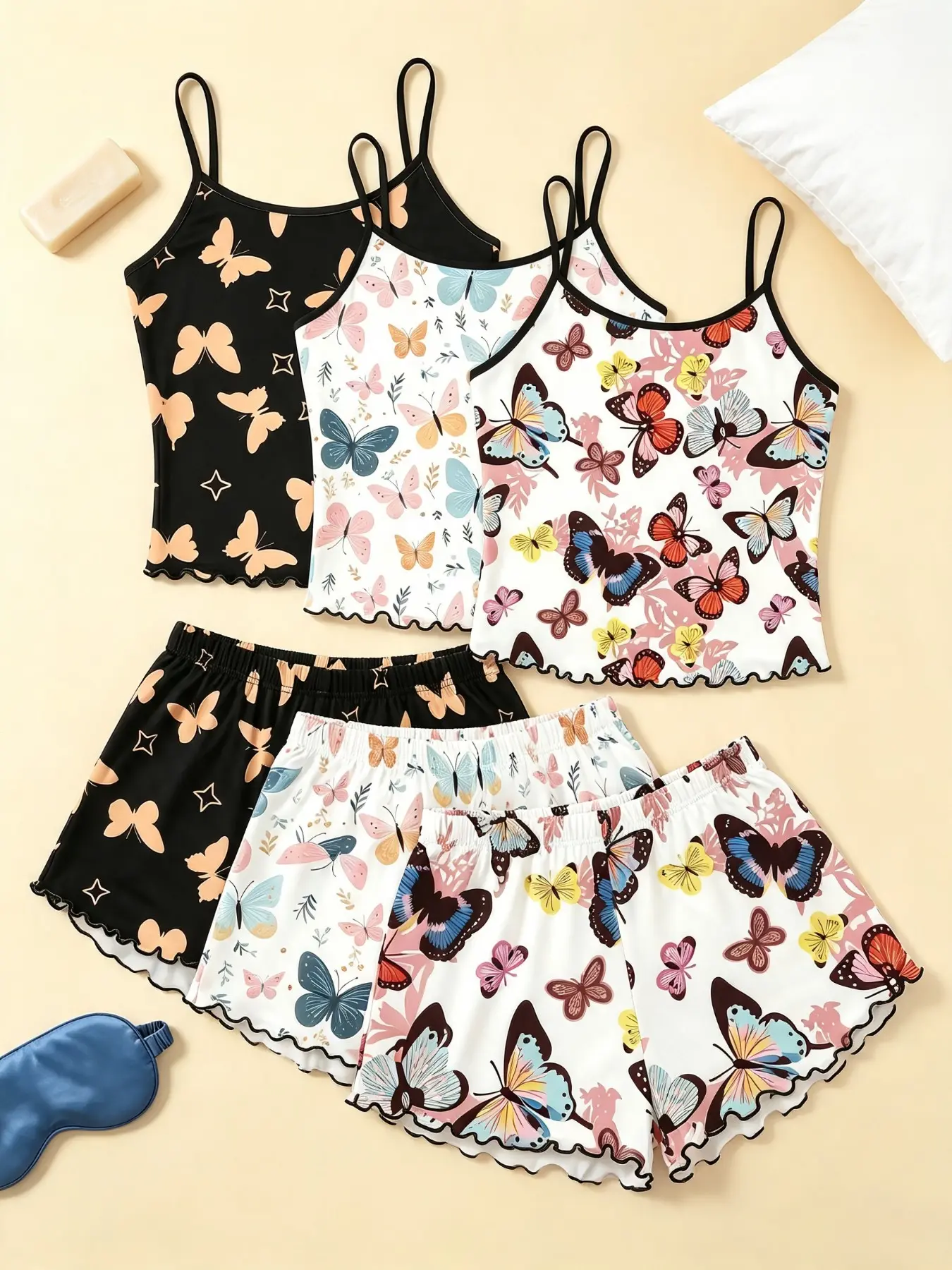 Women's 6-Piece Camisole Sleepwear Set, Boho Style, Soft Polyester, Sleeveless, Loose-Fit, All over Print, Home & Wear