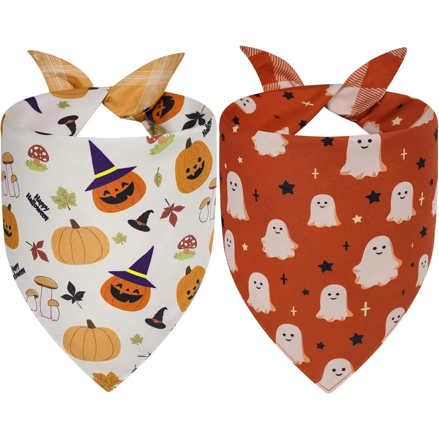 Halloween Double-Sided Polyester Dog Bandana, 2-Pack Large Size Fall Plaid Scarf with 4 Bright Colors, Multi-Sizes Triangle Pet Bib (The Triangle Method) for Dogs, Cats & Puppies