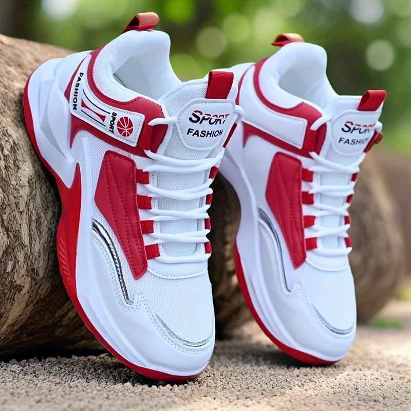 Men's-Top Basketball Sneakers - White with Red Accents, Lace-Up, Rubber Sole, Casual & Training All-Season Shoes