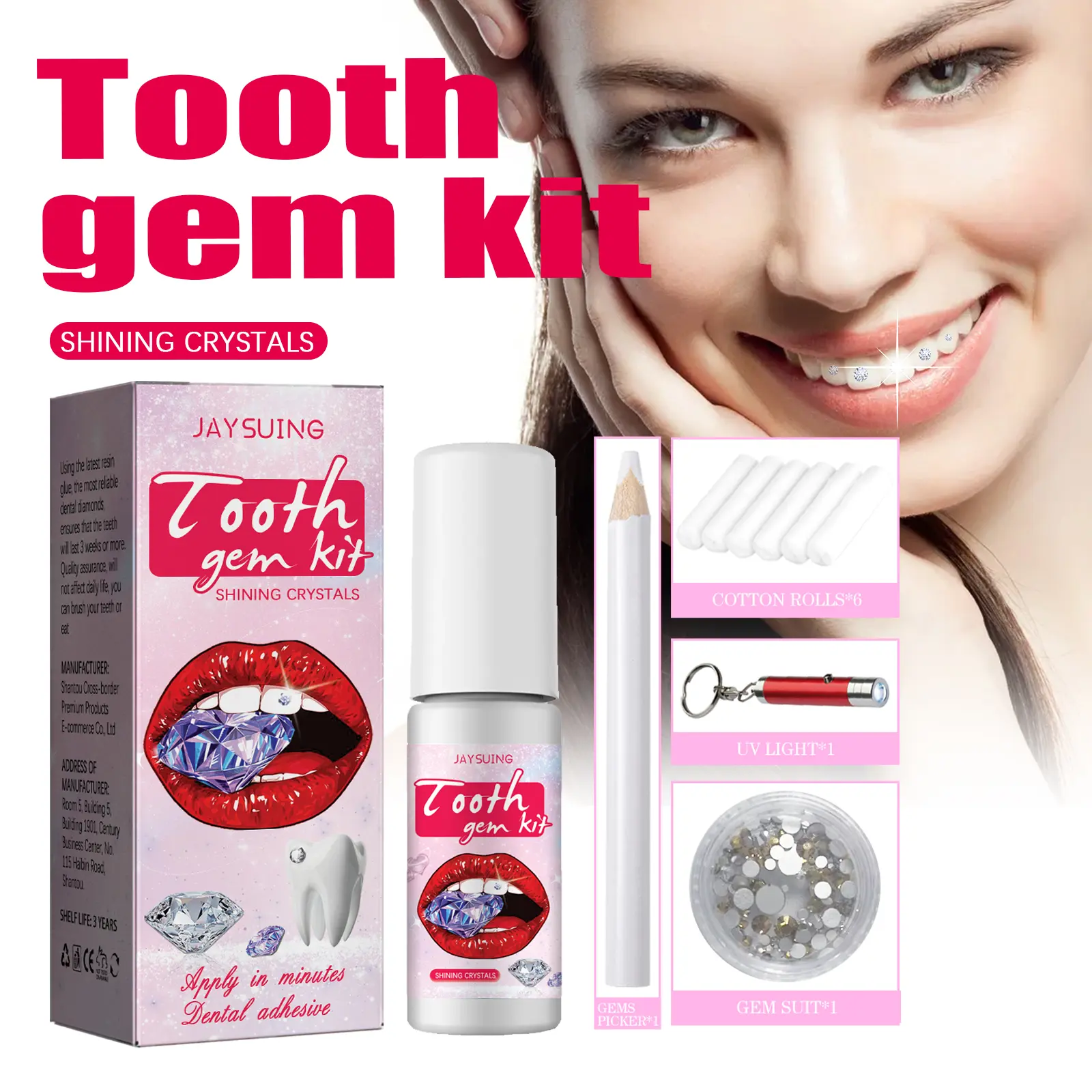 DIY Shiny Crystal Tooth Gem Kit, Easy On & Removable Teeth Decor Jewelry for Party Makeup diamond
