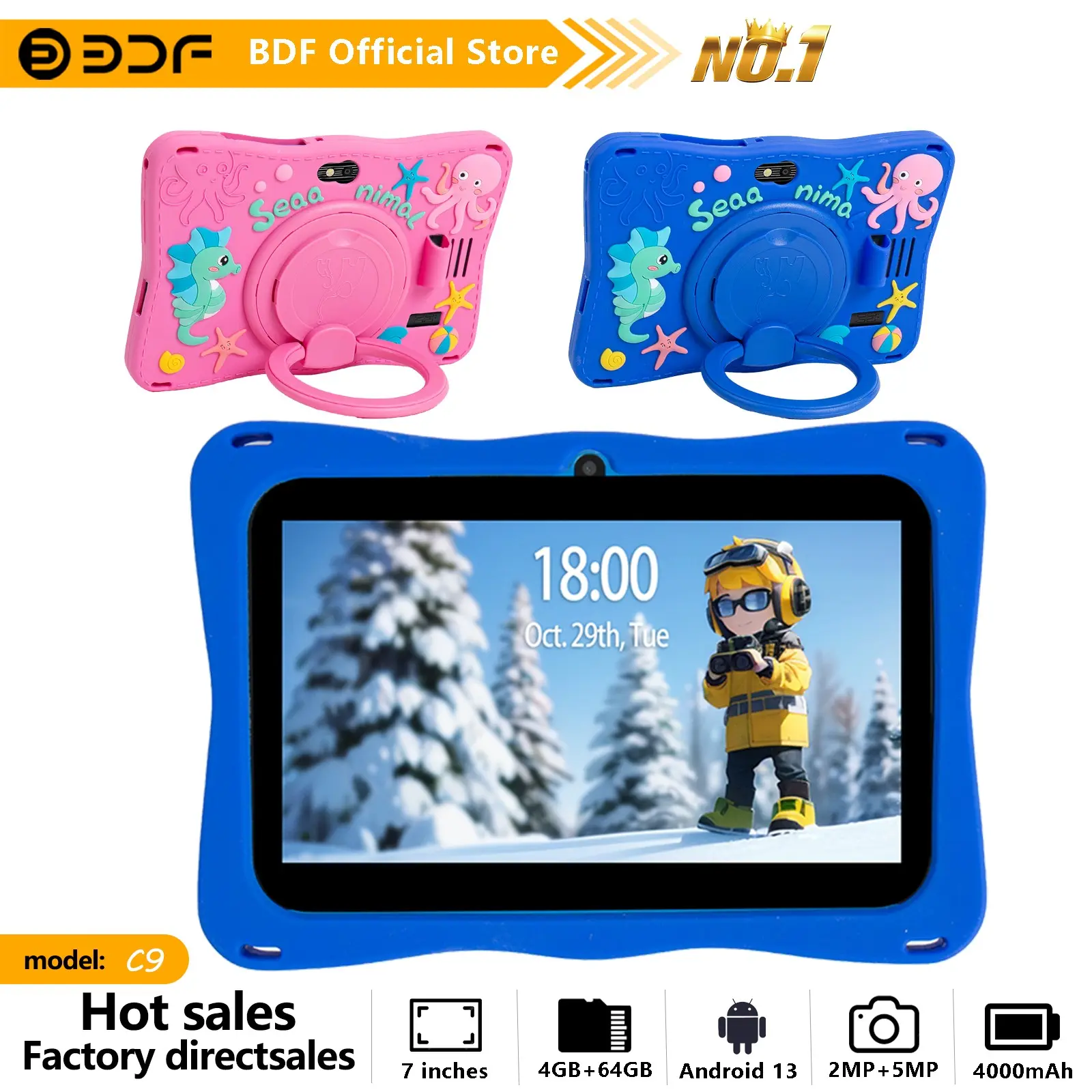 Educational Tablet, 7-Inch Android 13, 4GB RAM 64GB Storage, Quad-Core Processor, HD Screen, Dual Cameras, Long Battery Life
