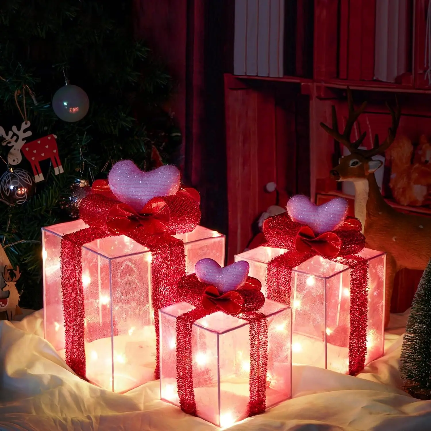 Set of 3 Christmas Lighted  Boxes, Red Bow Holiday Decor | Warm White LEDs, 6H Timer, 3AA  Operated, 3 Sizes, Heart Toppers, Tree Skirt Ornaments, Indoor  Display