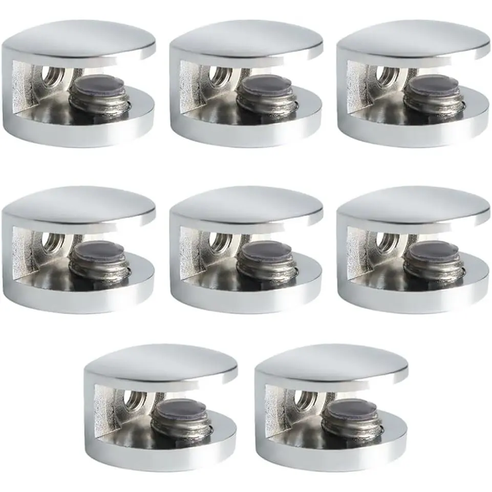 Glass Shelf Brackets Stainless Steel, Adjustable Railing Holder for 5-8 mm Wood/Glass Shelves, Heavy Duty Wall Mount Clamps Clip Support Hardware Replacement Parts Polished Chrome, 8Pcs