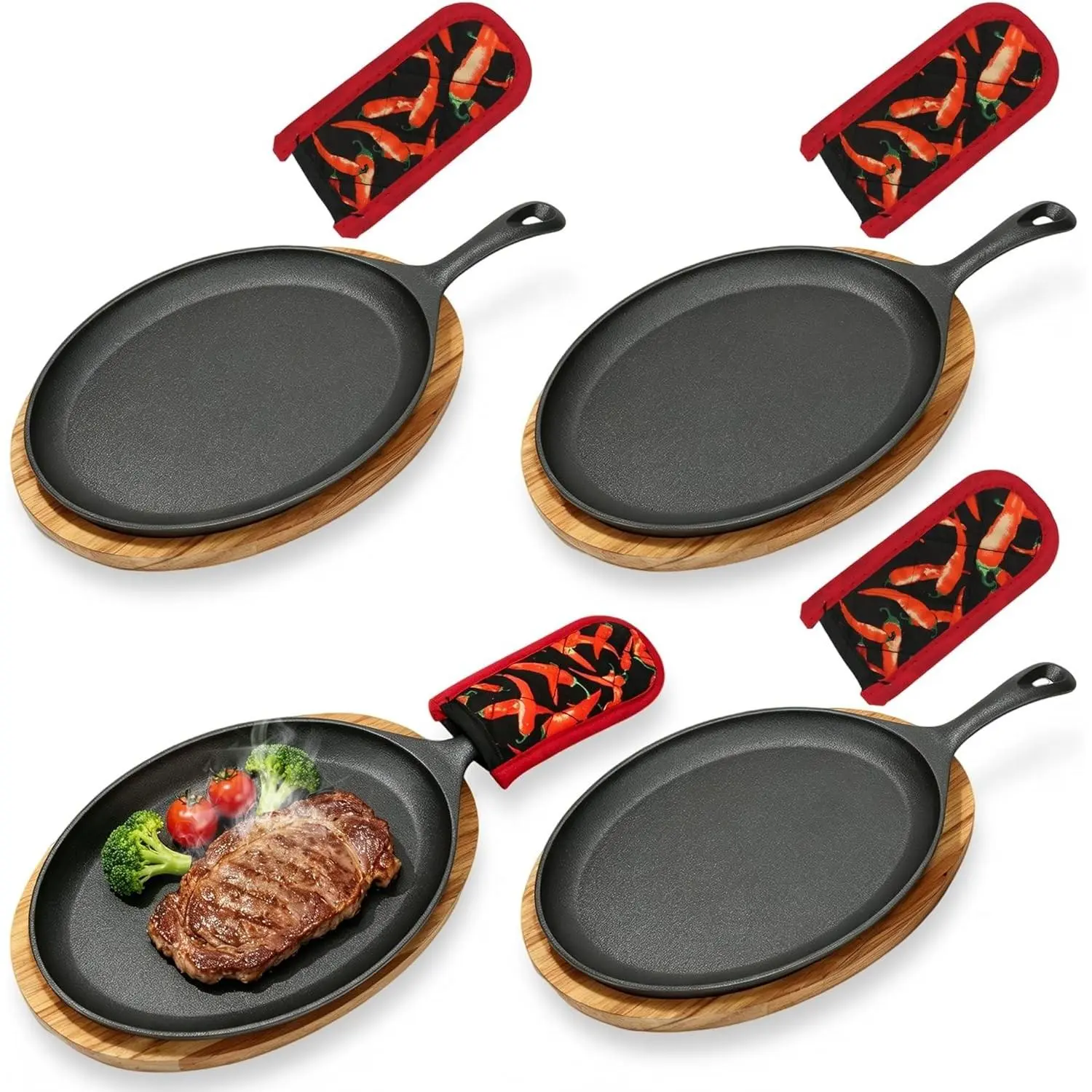 4 PCS fajita skillet，cast iron plate，sizzle platter，sizzling plate with wooden base Ideal for family barbecues, kitchen parties and restaurant catering, come with heat-resistant gloves to avoid burns.
