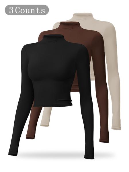 Women's Solid Mock Neck Sports Tee, Quick Drying Breathable Long Sleeve T-shirt for Yoga and Gym Wear, Ladies Casual Workout Tops for Fall & Winter