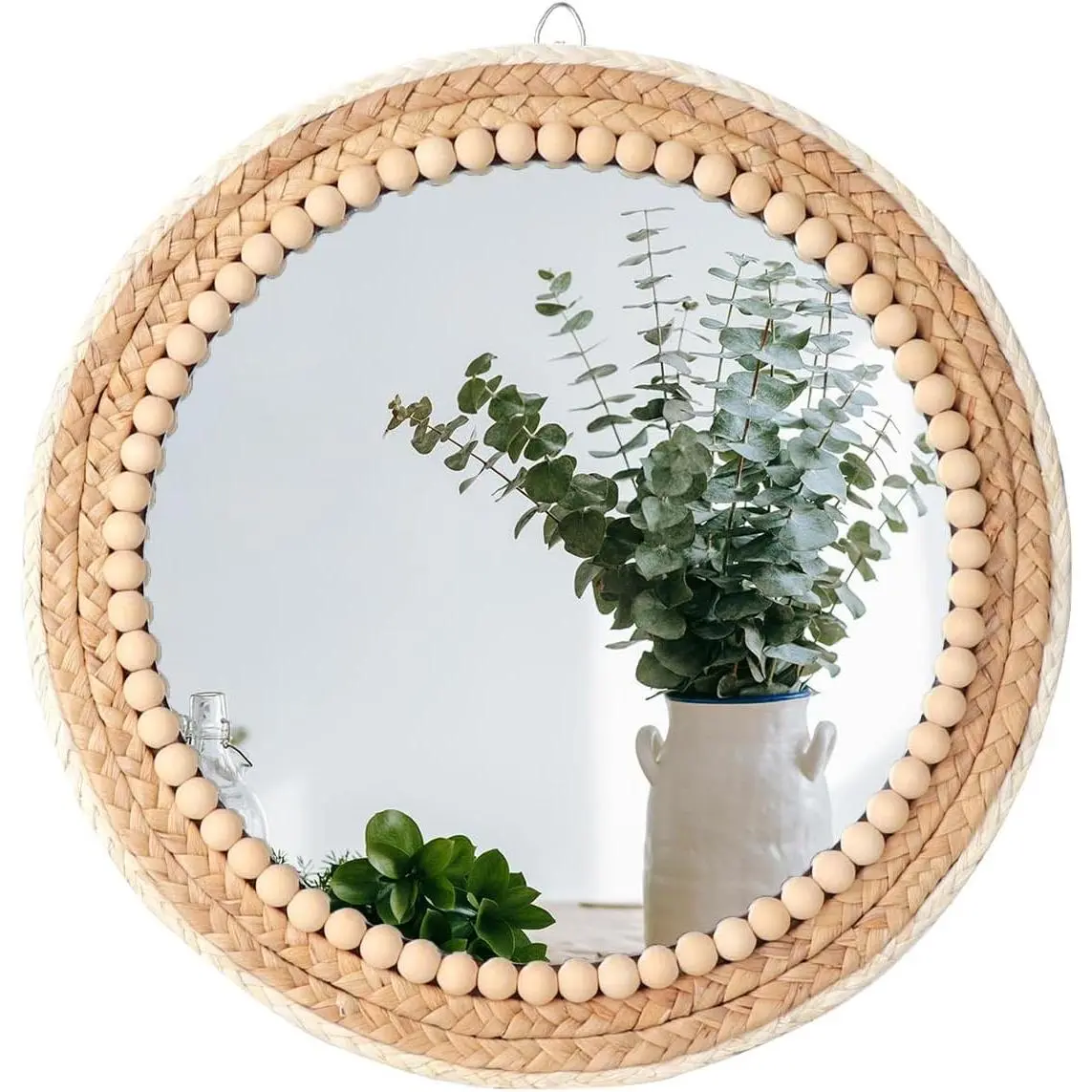 15-Inch Boho Round Hanging Rattan Circle Mirror, Decorative Farmhouse Home Wall Decor for Nursery, Kids Girls’ Room, Bathroom, Room Decor