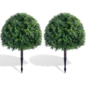 24'' Artificial Boxwood Topiary Tree, 2 Set Faux Boxwood Plants with Spike, Waterproof UV Resistant Fake Topiary Ball Trees for Porch Garden Home Outdoor Spring Decor