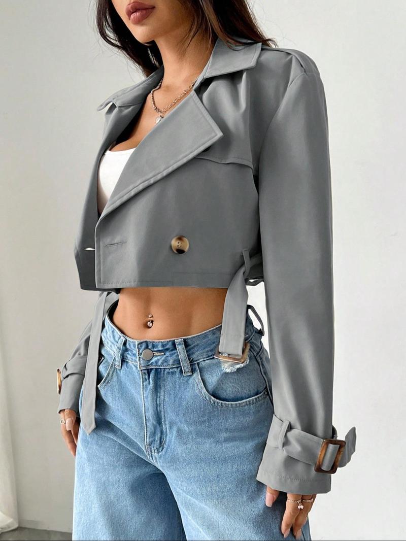 Women's Solid Double Button Belted Lapel Neckline Crop Trench Coat, Casual Long Sleeve Crop Outerwear for Spring & Fall, Women's Clothing for Daily Wear, Lady Jackets