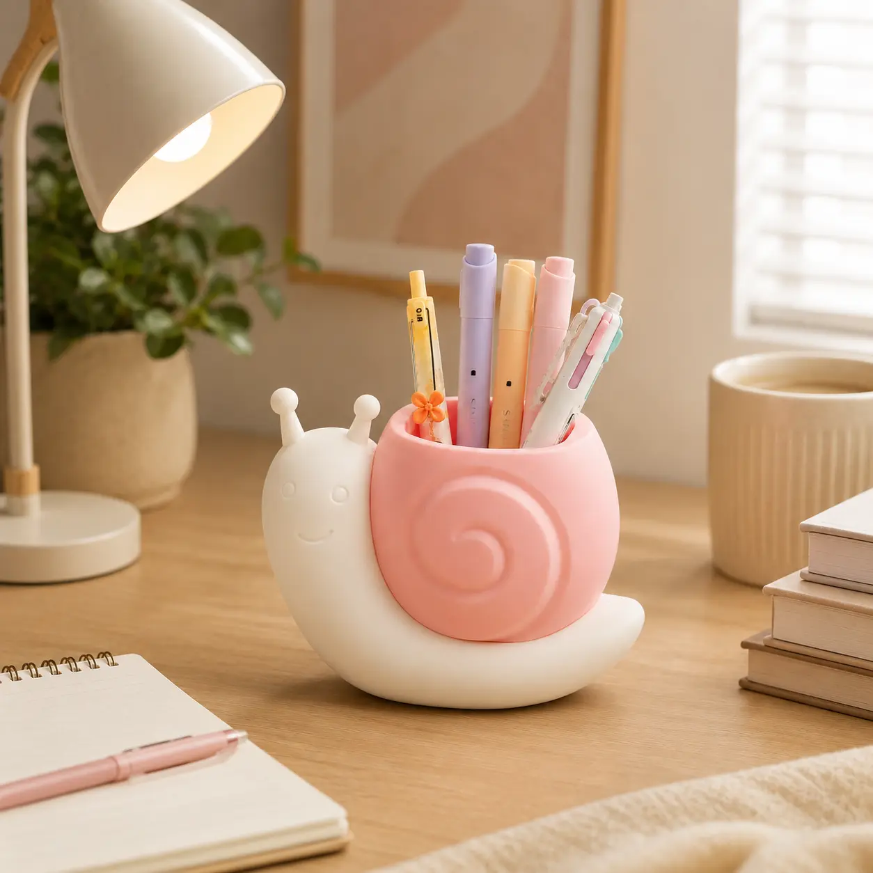 Cute Whimsical Snail-Shaped Multi-Functional Desk Organizer Pen Holder, Dual Storage for Stationery & Makeup Brushes, Girly Desk Accessories, Office Tabletop Decor, Ideal Holiday Gift Stocking Stuffer, Pink