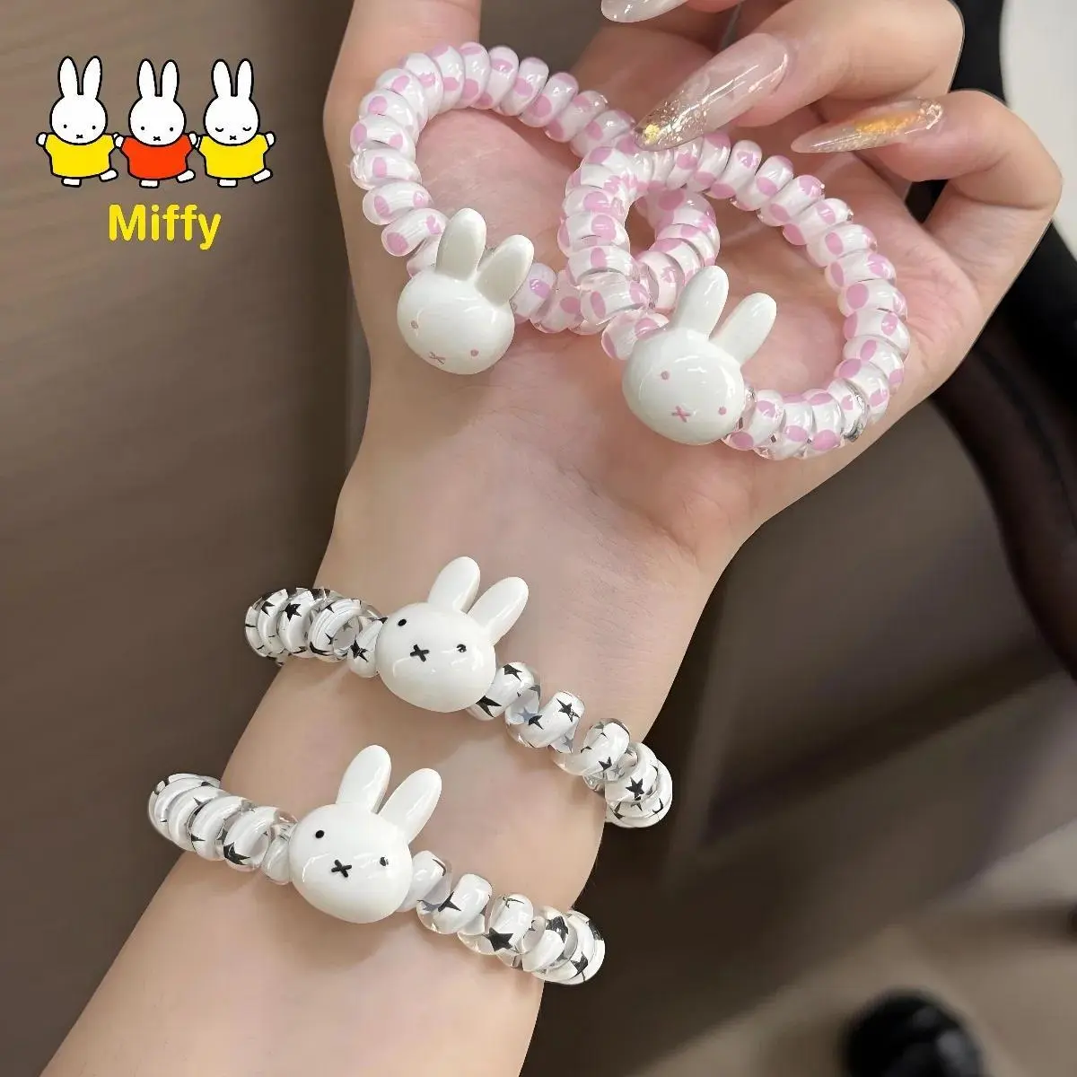 Kawaii Miffy Rabbit Hair Tie Cute Cartoon Telephone Line Hair Tie Sweet High Elasticity Durable Ponytail Simple Hair Accessory