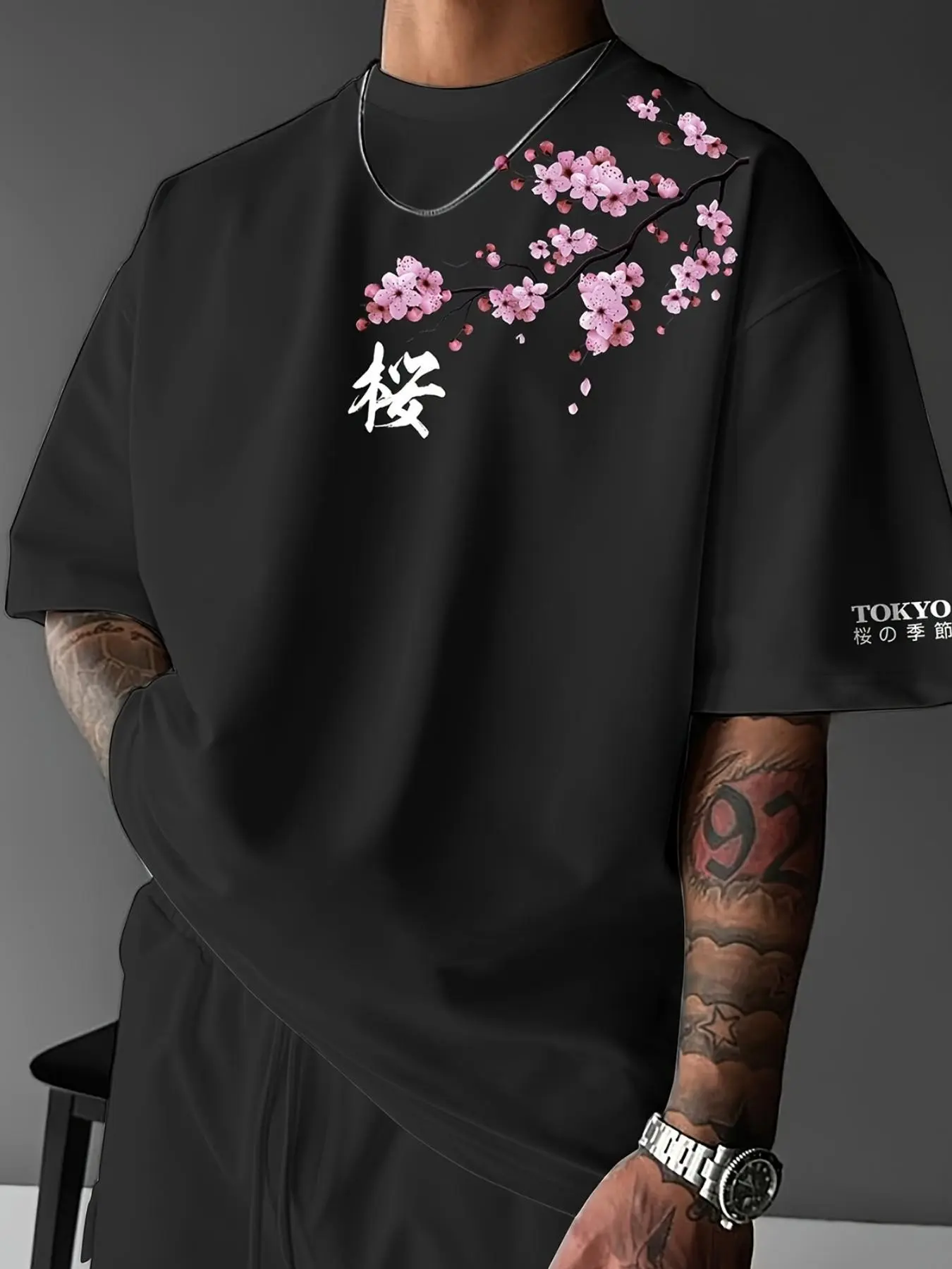 Japanese Style Sakura Print Oversized Couple T-Shirt | Aesthetic Cherry Blossom Embroidery Streetwear Top | Casual Short Sleeve Tee for Spring and Summer