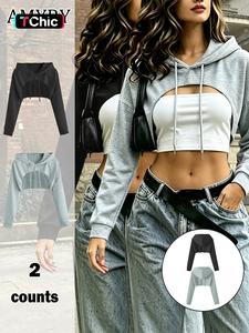 women's solid drawstring drop shoulder crop hoodie, casual long sleeve hooded sweatshirt for daily wear, ladies clothes for all seasons, athletic workout clothing
