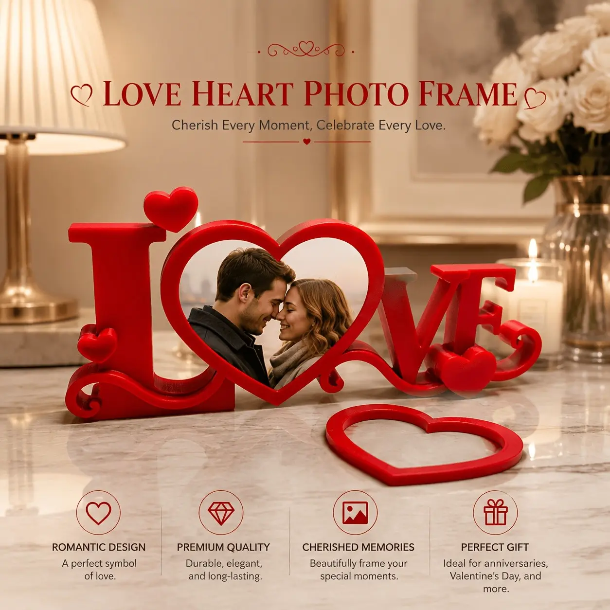Romantic Heart Frame, Love-Themed Photo Holder, Perfect Gift for Couples, Elegant Home Decor, Capture Special Moments Forever