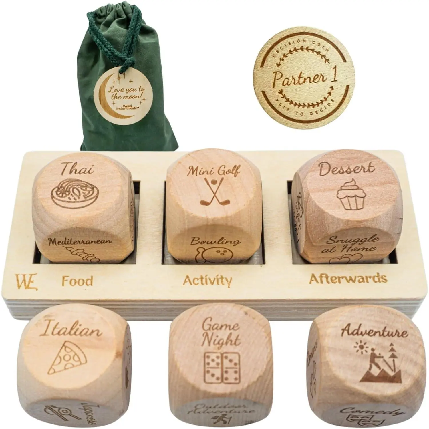 Wooden Deluxe Engraved Dice Kit - 6 Dice, Decision Coin, Game Board, Carry Bag, Game Pieces - Spontaneity & Decision Making Couples Gift for Anniversary, Valentine's Day
