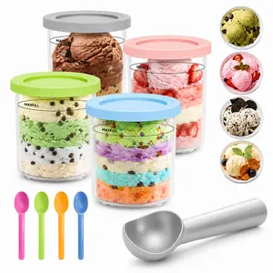 4 Pack 16 Oz Reusable Ice Cream Containers for Ninja Ice Cream Maker NC301 NC300 NC299AMZ Series & CN302CCO, Creamy Pints Tubs with Color Lids, 4 Spoons and 1 Scoop –BPA-Free & Dishwasher Safe (Blue/Pink/Green/Grey)