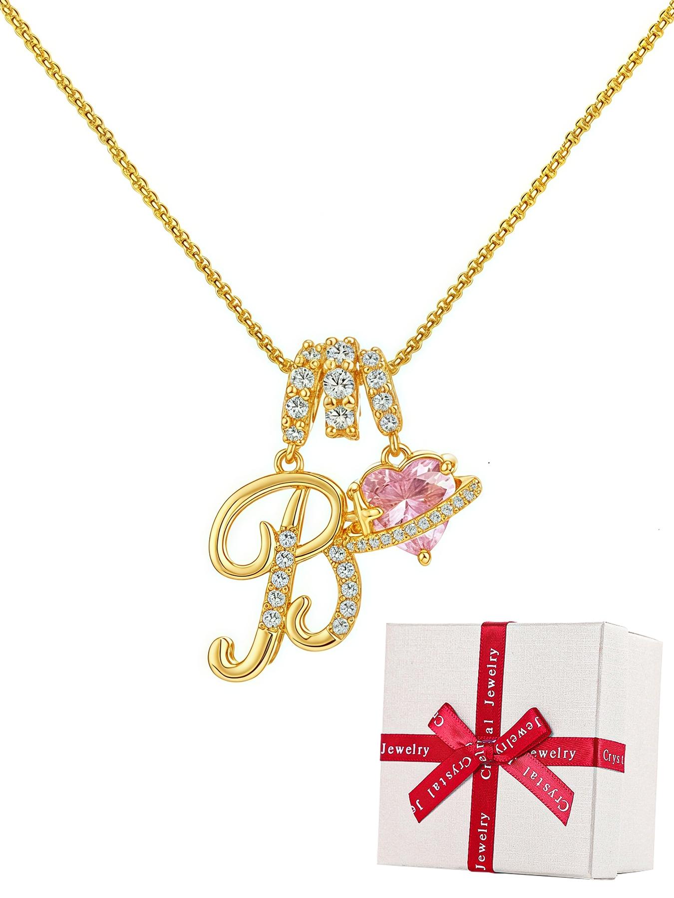 Apple Shape Rose Jewelry Gift Box With Initial Letter Love Heart Necklace for Women, Valentine's Day Wedding Anniversary Jewelry Gift for Girlfriend Wife, Birthday Christmas Gift for Daughter Mom