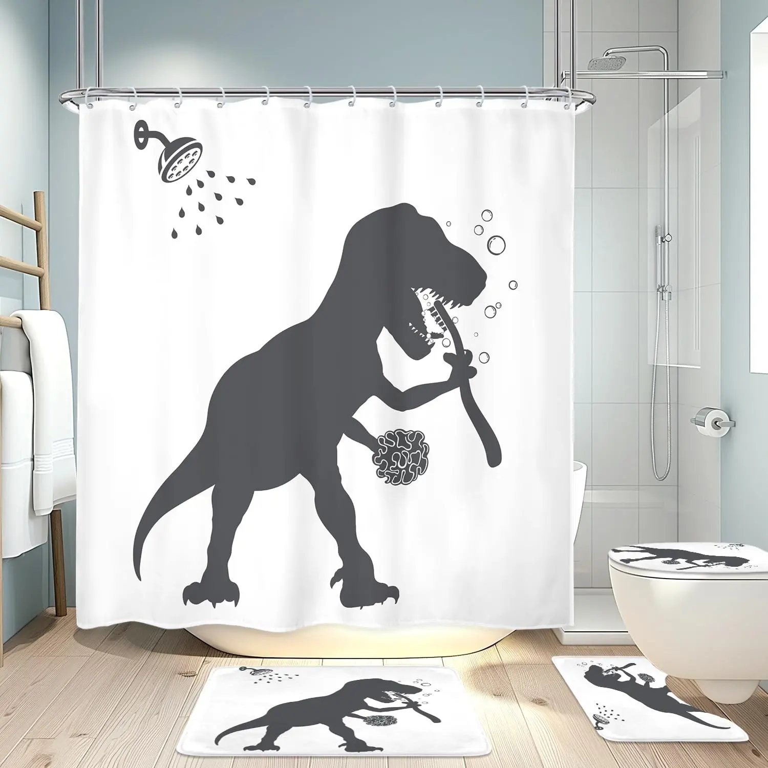 4PCS Dinosaur  Inches Funny Animal Dino Silhouette Shadow Shower Curtains,waterproof shower curtain set featuring a shower curtain, toilet seat cover, bath mat, and U-shaped toilet seat cover