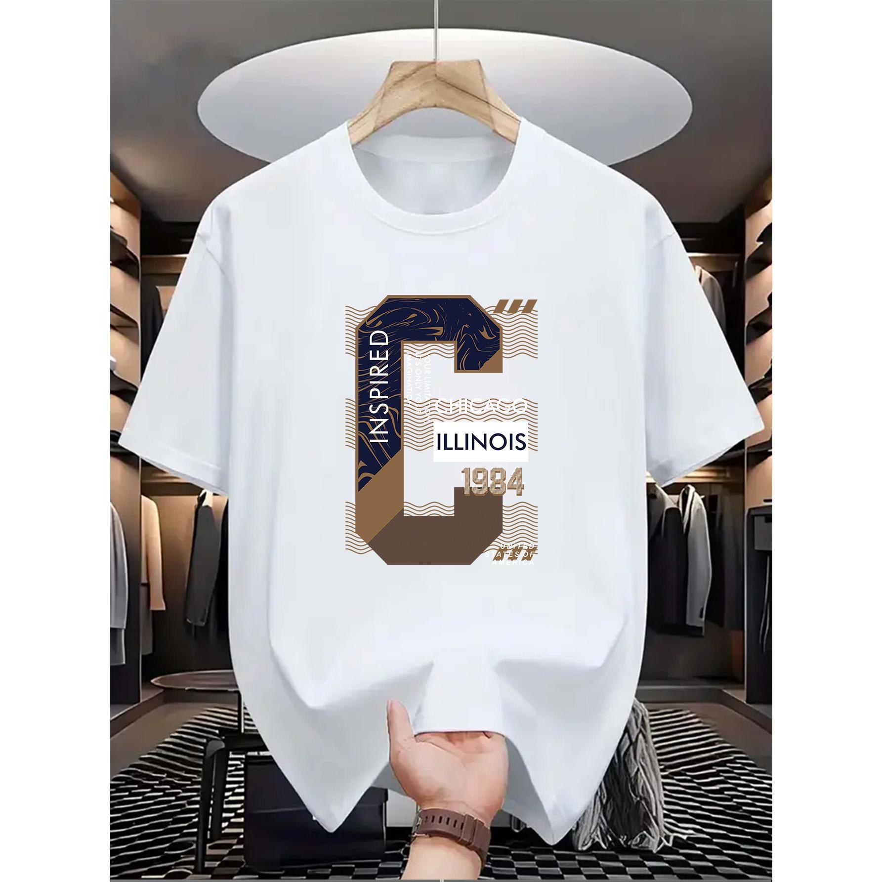 180G Pure Cotton Single-Sided Printed Round Neck Short Sleeve T-Shirt, Men's Casual Round Neck T-Shirt with Chicago Illinois 1984 Inspiration Print, Knitted Fabric, Slightly Elastic, Formal Wear, Summer Fashion Top, Suitable for Daily Wear Crewneck Tshirt