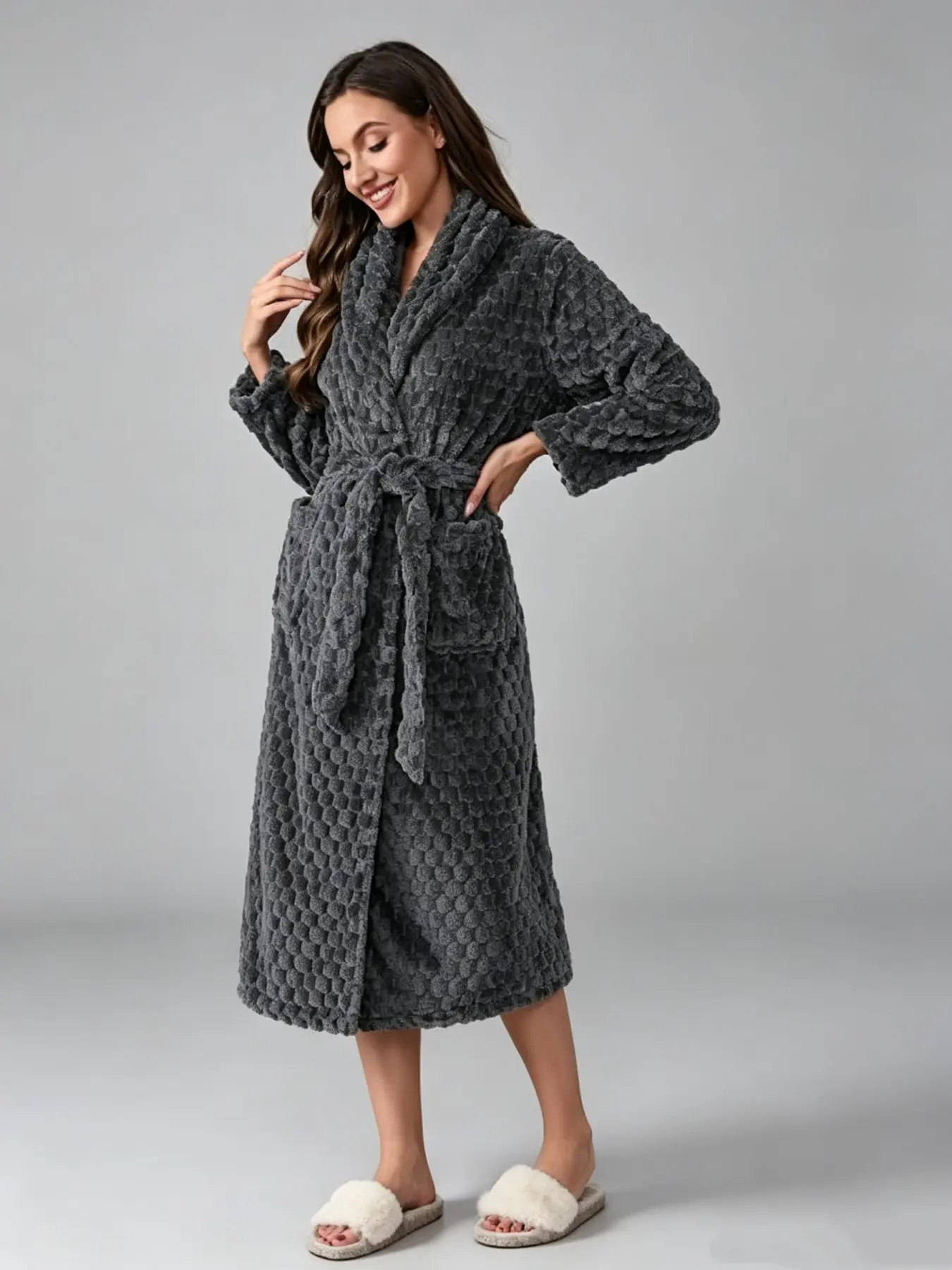 Women's Coral Fleece Long Sleep Robe, Honeycomb Embroidered, Lapel Neck, Tie Waist, Large Pockets, Cozy Home Bathrobe, Fall Winter