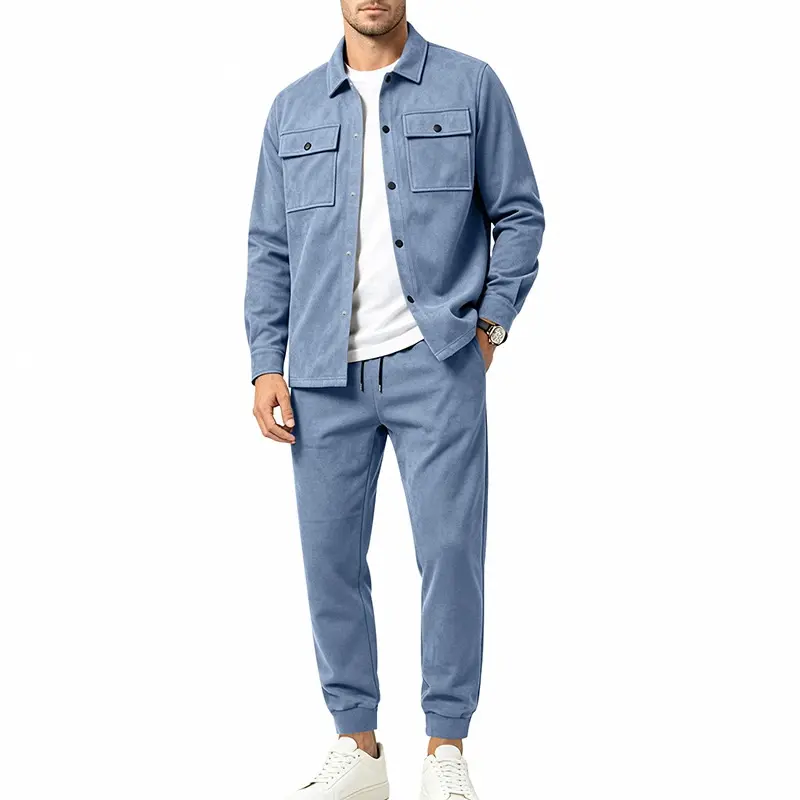 Men’s Faux Suede Utility Jacket Set, Casual Fall Spring Workwear Outfit with Lapel Collar Multi Pocket Jacket and Matching Pants, Relaxed Fit American Streetwear Two Piece Set for Daily Wear, Travel, Outdoor Activities and Weekend Fashion
