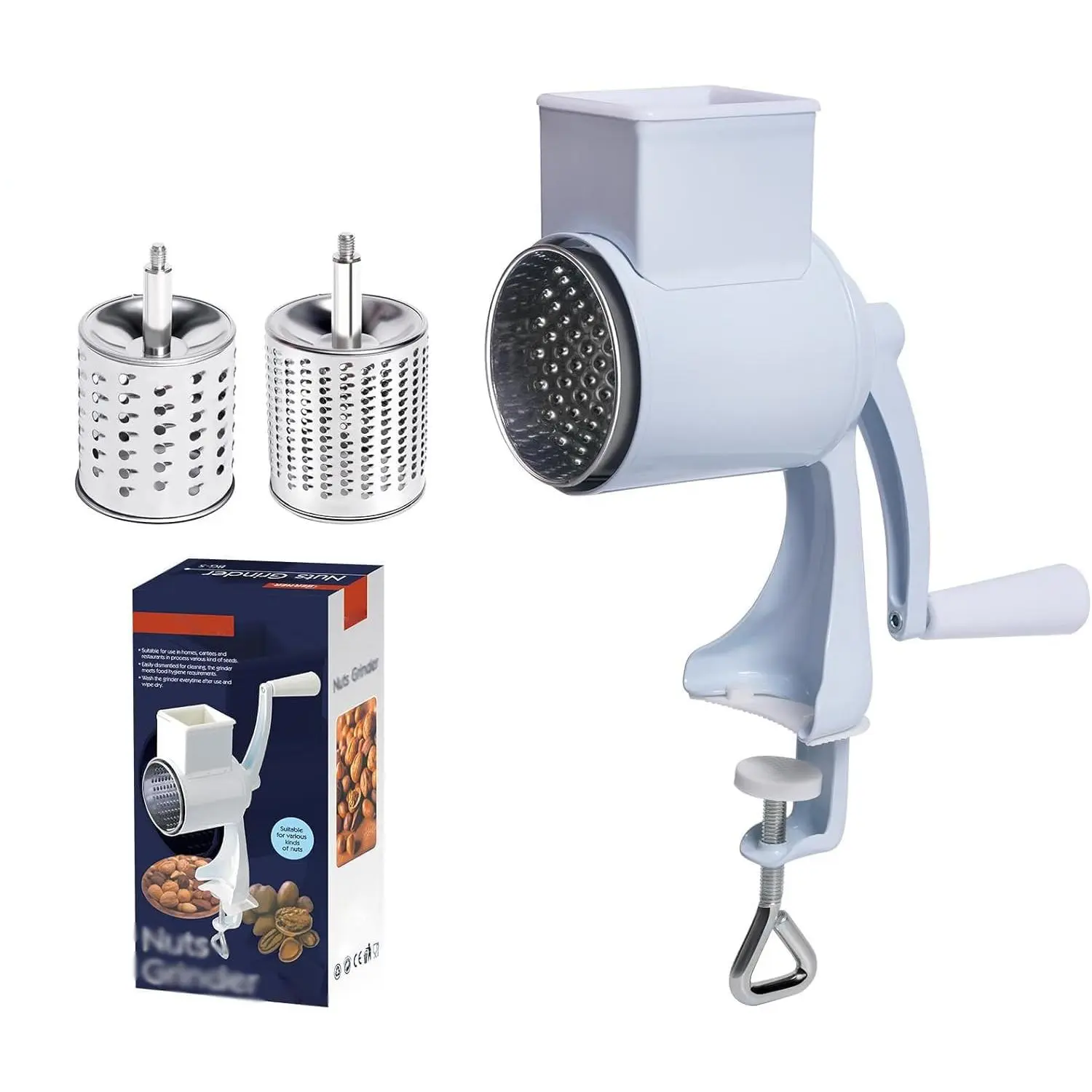 Hand-Crank Rotary Cheese Grater and Nut Chopper, 160 Twin Blades, Aluminum and Stainless Steel, White