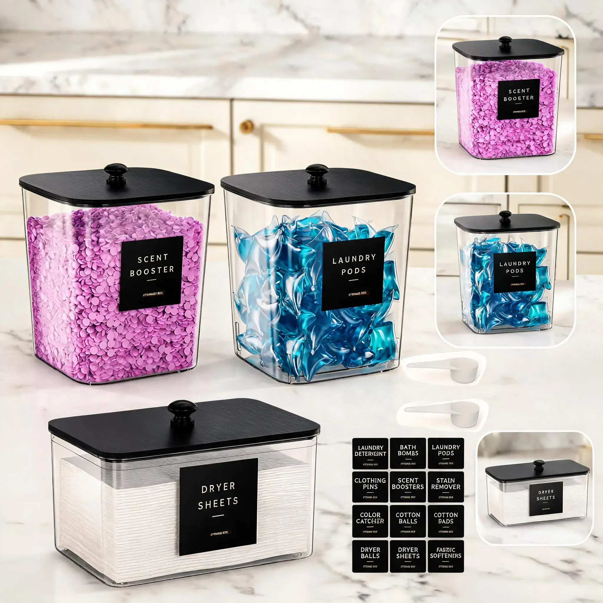 3 Pack Laundry Room Storage Containers, Clear Acrylic Storage Bins with Black Lids and Labels for Laundry Pods or Detergent Powder #GLOBAL PICKS