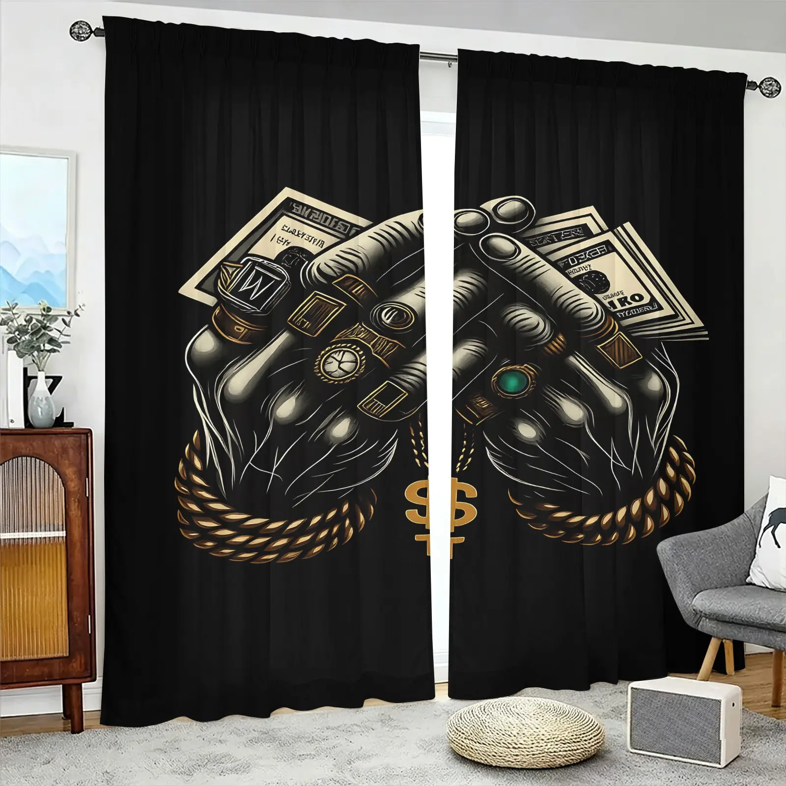 2-Pack Semi-sheer Decorative Curtains, Hustle Money Hand Graffiti Print Rod-pocket Style Privacy Curtains, Light Filter Washable Microfiber Drapes, Suitable for Man Cave & Hip Hop Street Style Bedroom Decor