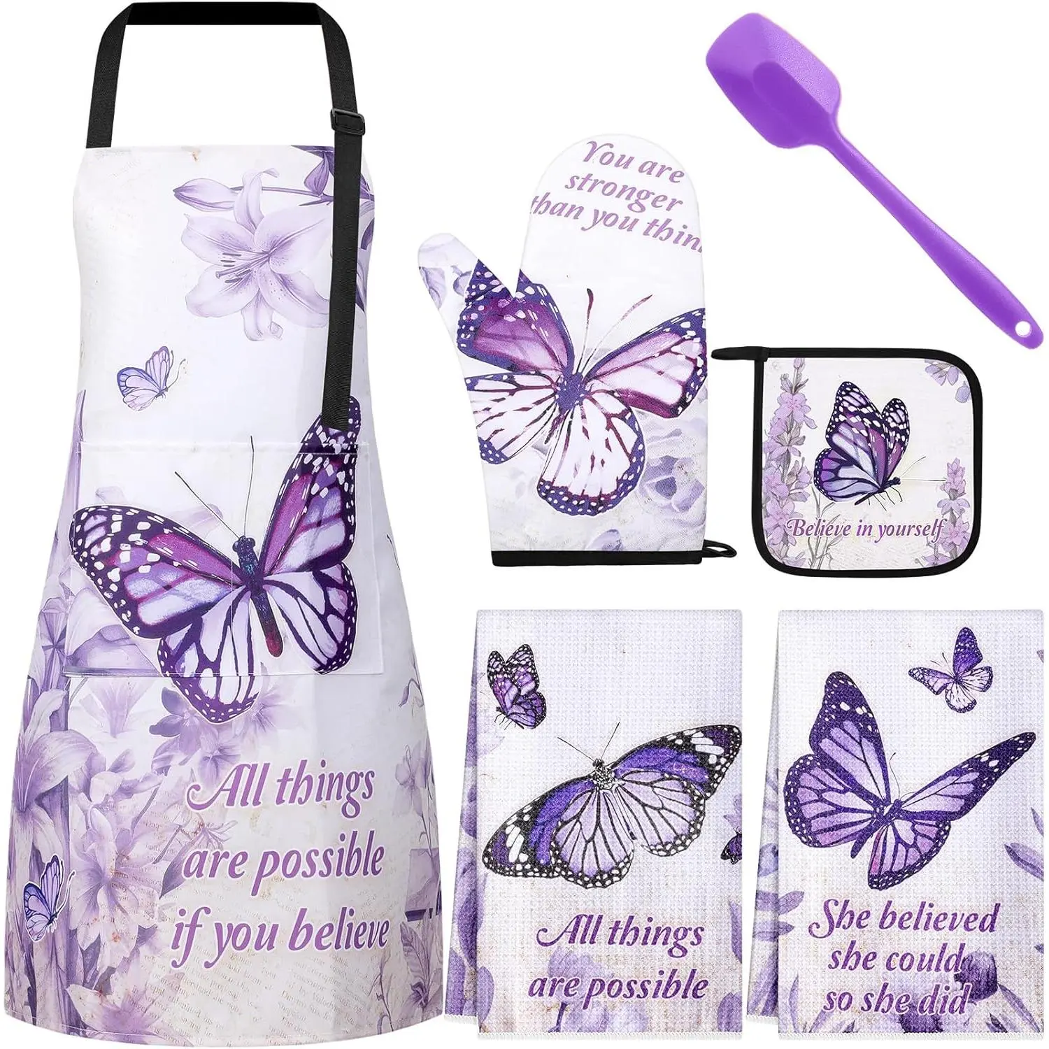 6 count  Kitchen Decor Baking Accessories Religious Cooking Aprons Dish Towels Oven Mitts and Pot Holders Sets with  Spatula for Women Wife Grandma Cooking Baking Gifts