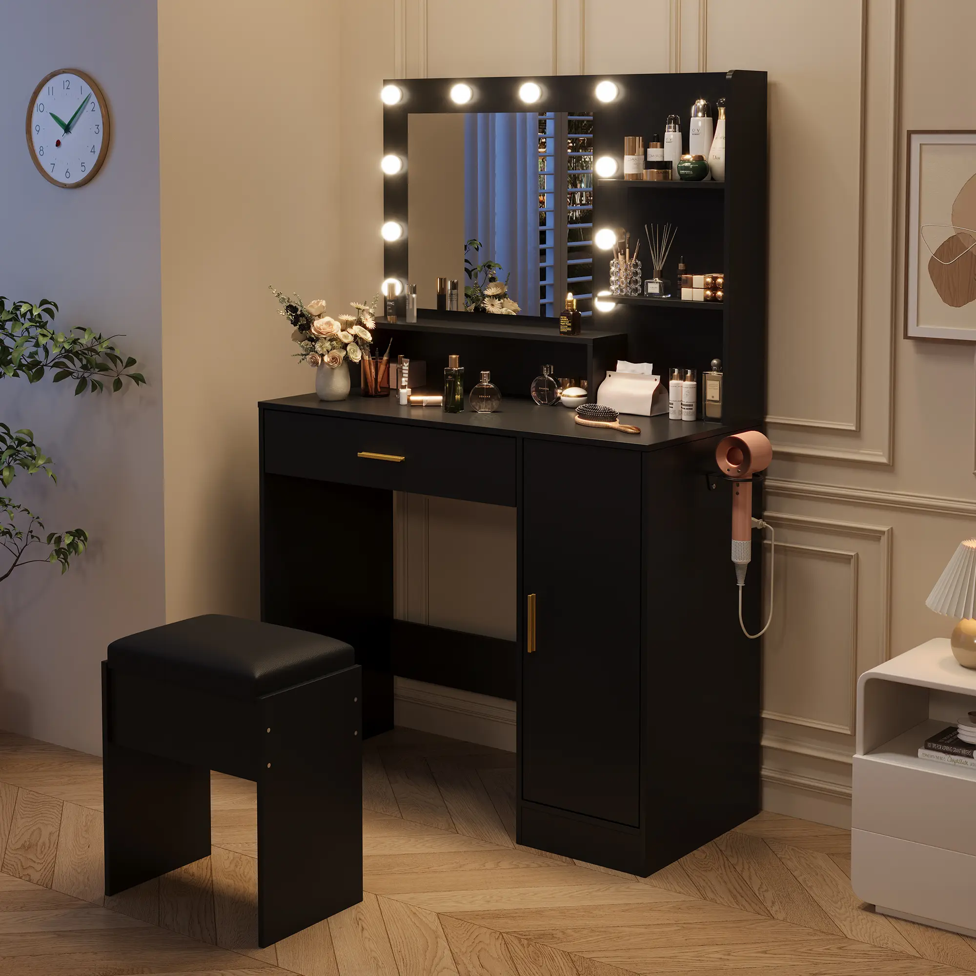 Makeup Vanity Desk with Mirror & Lights, White Vanity Table with Drawer, Cabinet, Power Outlets & Stool, Compact Dressing Table for Bedrooms, Apartments
