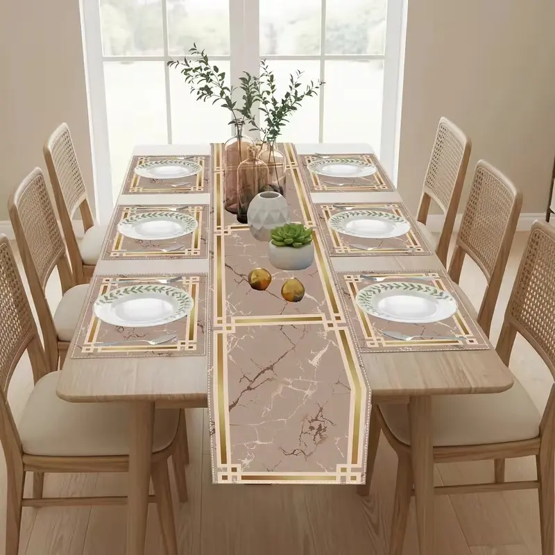1 piece/5 piece set/7 piece set of marble tablecloths and placemats, Household Placemat, designed with a golden geometric border pattern, elegant dining table decoration, suitable for daily dining, gatherings, and family gatherings
