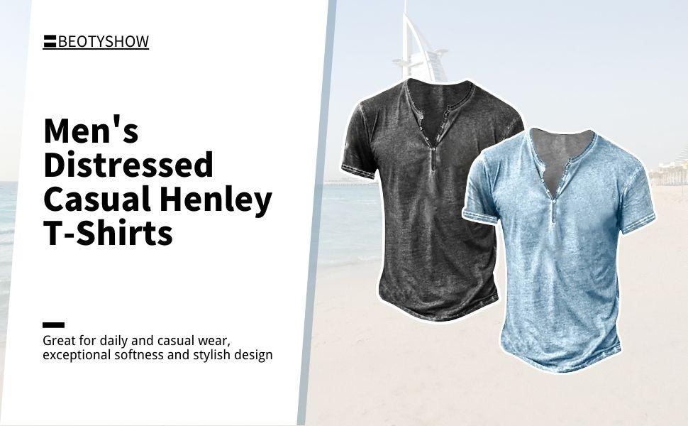 PASLTER Mens Distressed Henley Shirts Short/Long Sleeve Button T-Shirt Slim Fit Cotton Casual Shirt Menswear Top