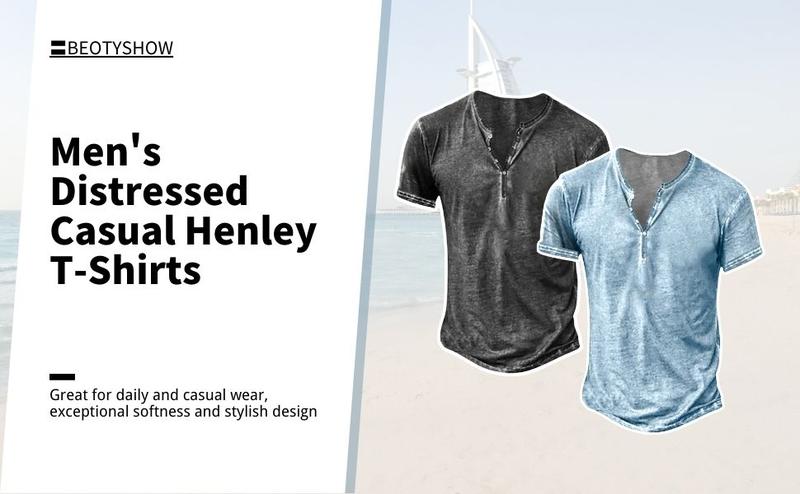 PASLTER Mens Distressed Henley Shirts Short/Long Sleeve Button T-Shirt Slim Fit Cotton Casual Shirt Menswear Top