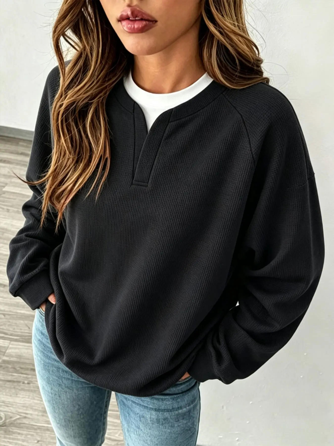 Unisex Oversized Waffle Knit Sweatshirt Henley Split Neck Fake Two Piece Jumper Breathable Top for Men Women Casual Daily Streetwear Spring Autumn