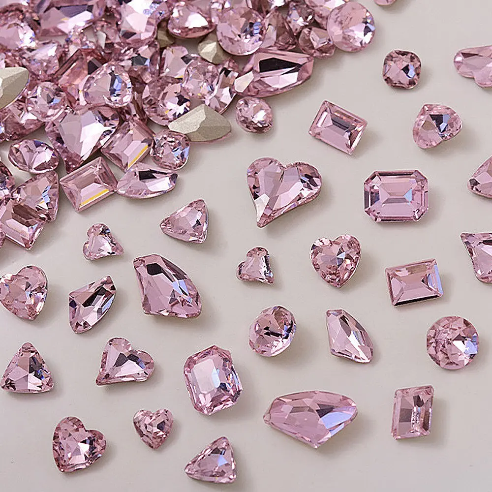 200pcs Nail Art Rhinestone Mix Sets, DIY Nails Decoration Diamond, Pink Crystal Diamond Charms in Heart Butterfly Star Waterdrop Square Round Flower Snowflake Shapes, Pointed Bottom Flatback Gems for Nails Decor, K9 Glass Acrylic Nail Decoration Supplies
