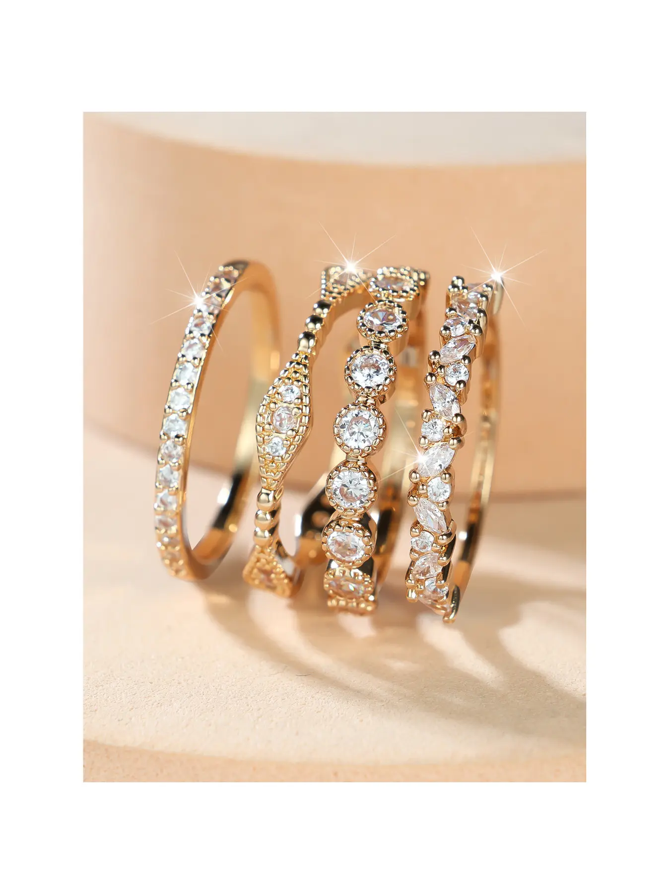 Gold Tone 4Pcs Stackable Ring Set Mixed Style Full Paved Clear CZ Thin Bands  Round Marquise Zircon Stacking Finger Rings For Women Daily Party Wear