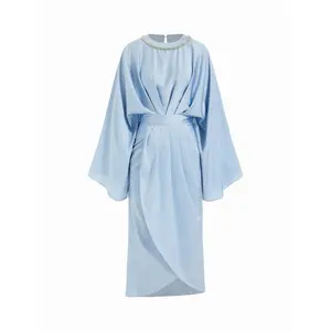 Cider Satin Batwing Sleeve Asymmetrical Hem Rhinestone Maxi Dress