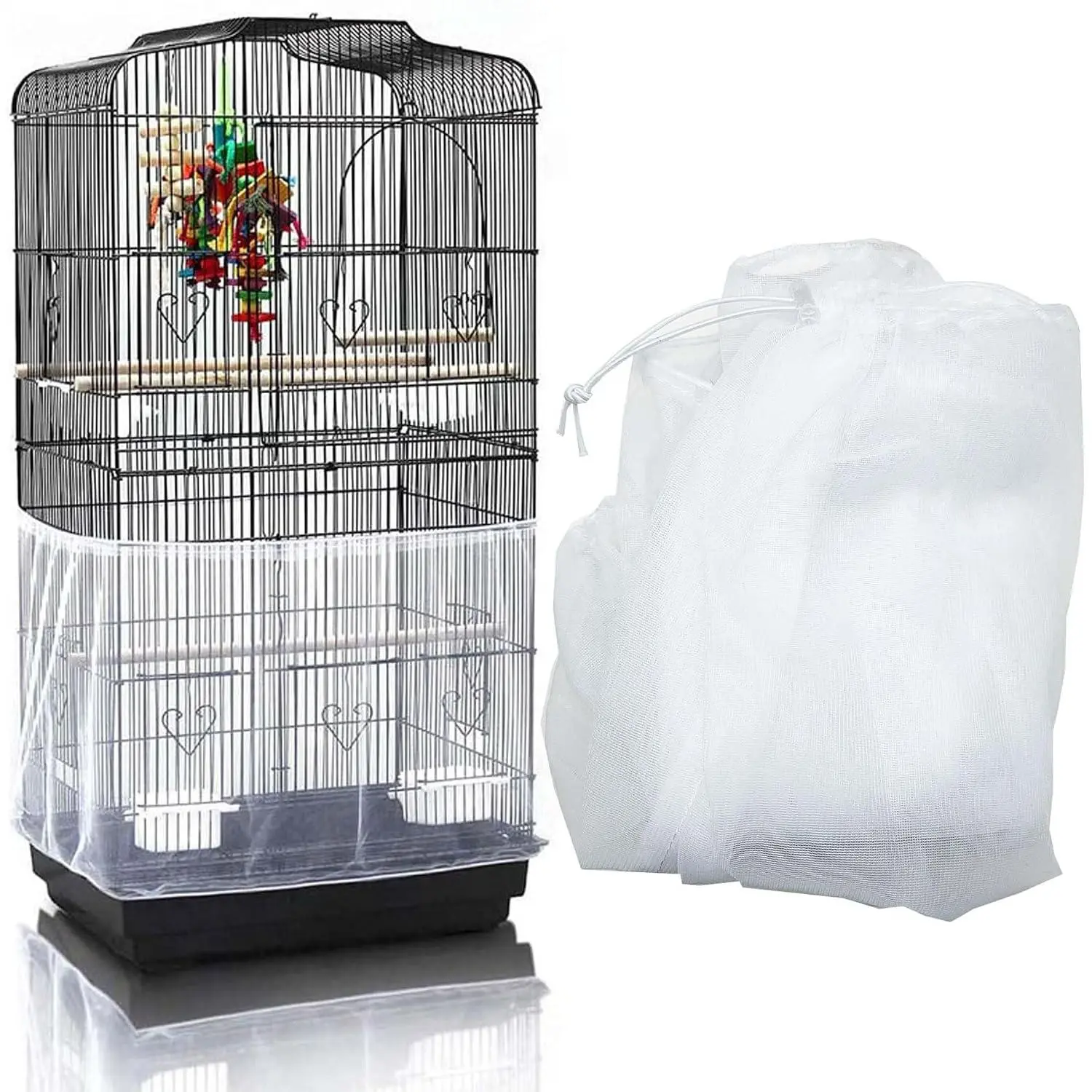 Bird Cage Seed Catcher, Large Bird Cage Cover, 75-118''  Adjustable Birdcage Cover Skirt Soft Airy Nylon Mesh Net for Parakeet Macaw  Round Square Cage, White