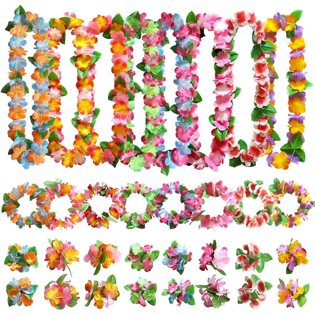 32 count Hawaiian Leis Party Decorations, Necklace  Bracelets Headband, Tropical Hawaiian Party Night Bar