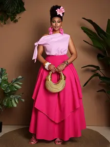 Plus Size Women Rose Striped Dress, Asymmetrical Shoulder Bow Waist Long Dress, Elegant Formal Party Wedding Evening Gown, Casual Vacation