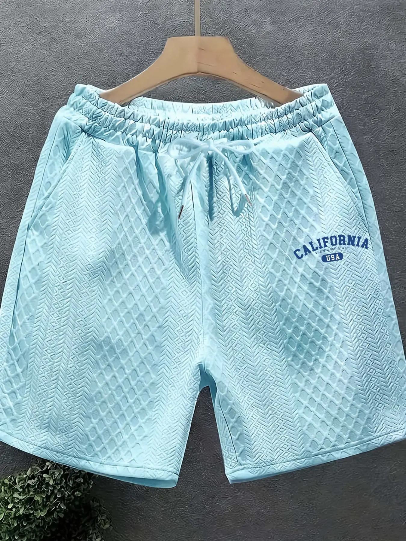Men's American Vintage Texture Shorts, California Theme Print, Summer Sports Casual Drawstring Waist, Slim-Fitting, Unlined