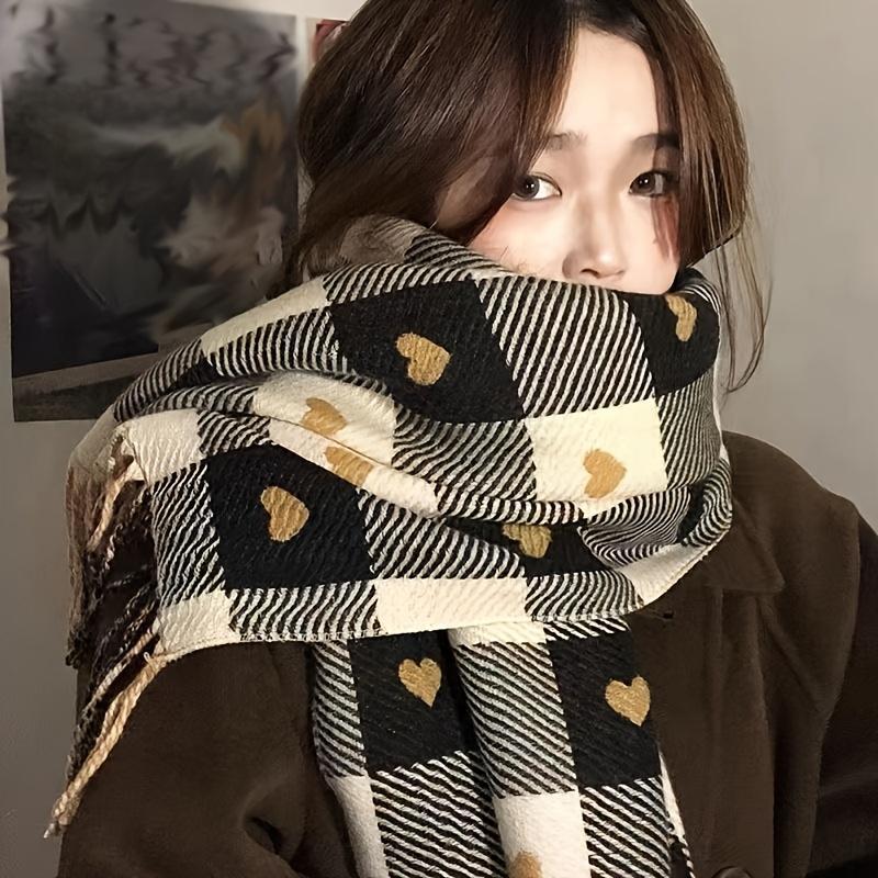 Elegant Reversible Love Heart Scarf for Women  Thick Warm Windproof Polyester Shawl, Cozy Oversized Wrap for Autumn & Winter, Perfect for Travel, Outdoor Activities & Daily Cold-Weather Wear