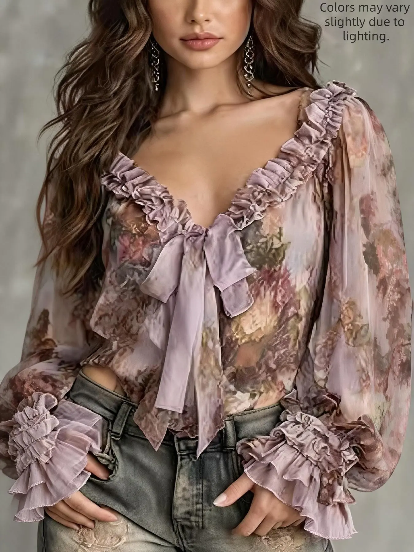 Women's Bohemian Vintage Floral Print V-Neck Bell Sleeve Chiffon Blouse, Elegant Summer Top, Lightweight & Flowy Design Shirt for Casual Wear