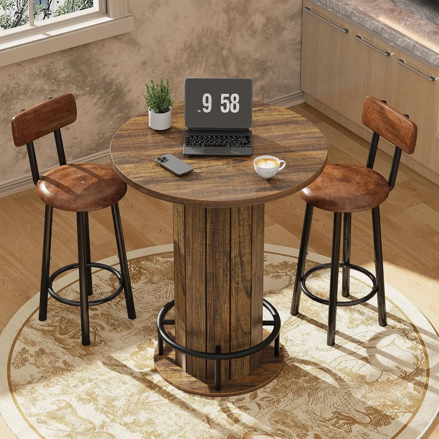 Round Bar Table, 40'' High Bistro Pub Table for Home Bar and Kitchen, Tall Coffee Cocktail with Footrest for Small Spaces, Natural/Walnut