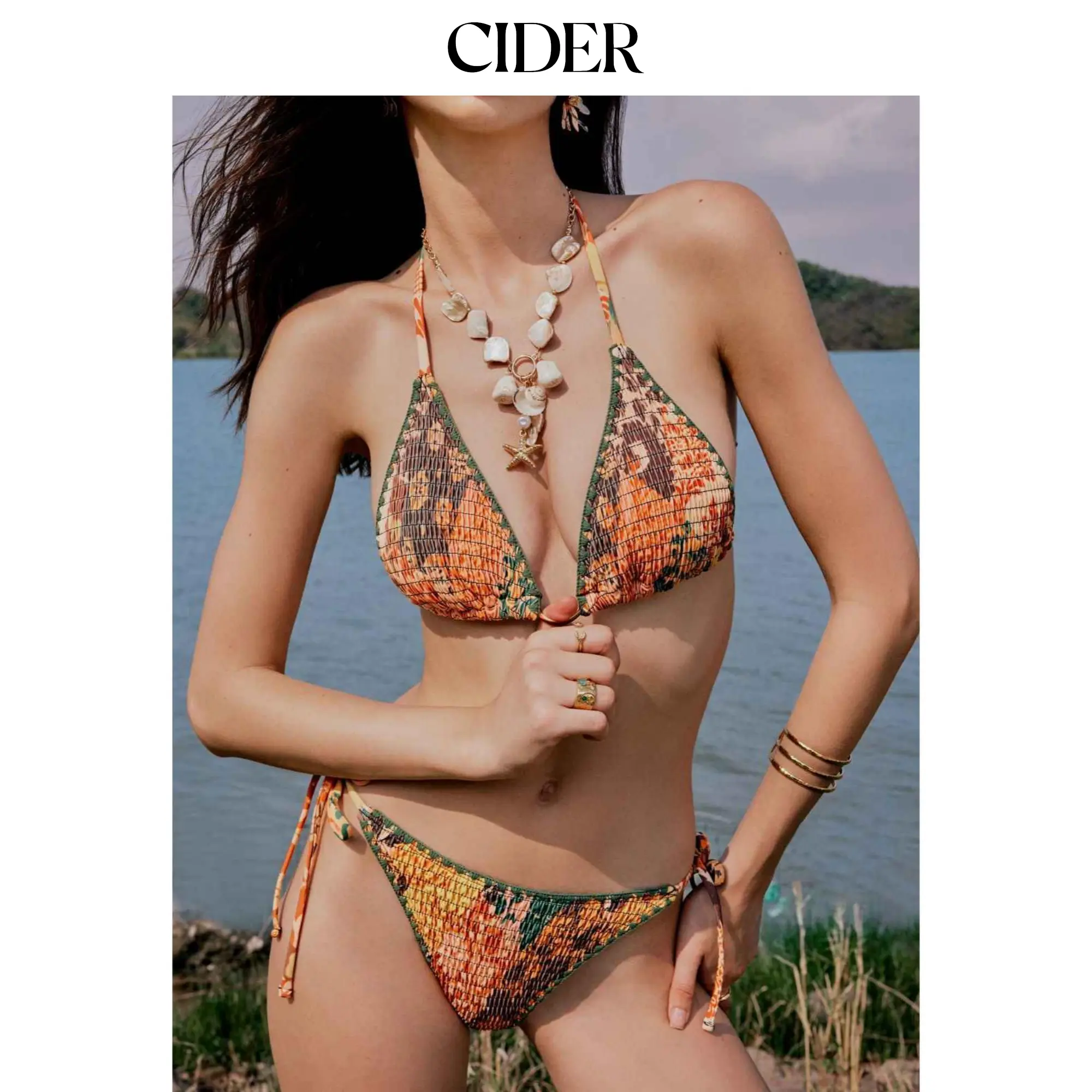 Cider V-neck Aztec Knotted Shirred Halter Tie Side Bikini Set