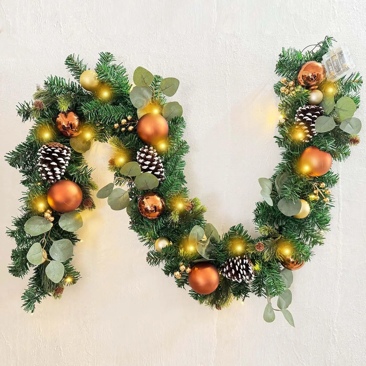 Pre-Lit 6ft Copper  Christmas Garland with 30 LED Lights | Timer Winter Xmas Lighted Garland for Mantel with Eucalyptus,Pine Cones,Ball Ornaments, Operated Indoor Outdoor Decor