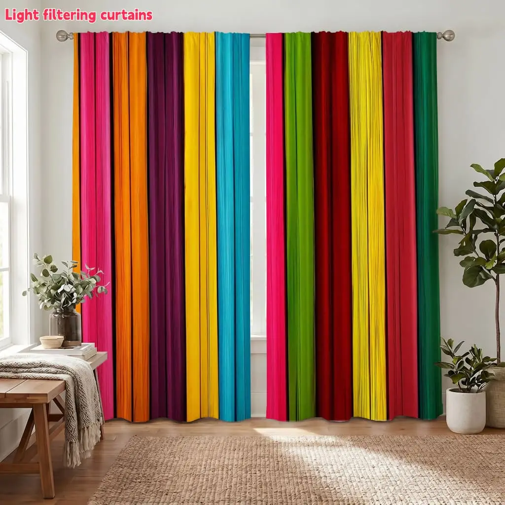 2Pcs Colorful Striped Curtains for Living Room Bedroom Kids Light Filtering Polyester Window Curtains