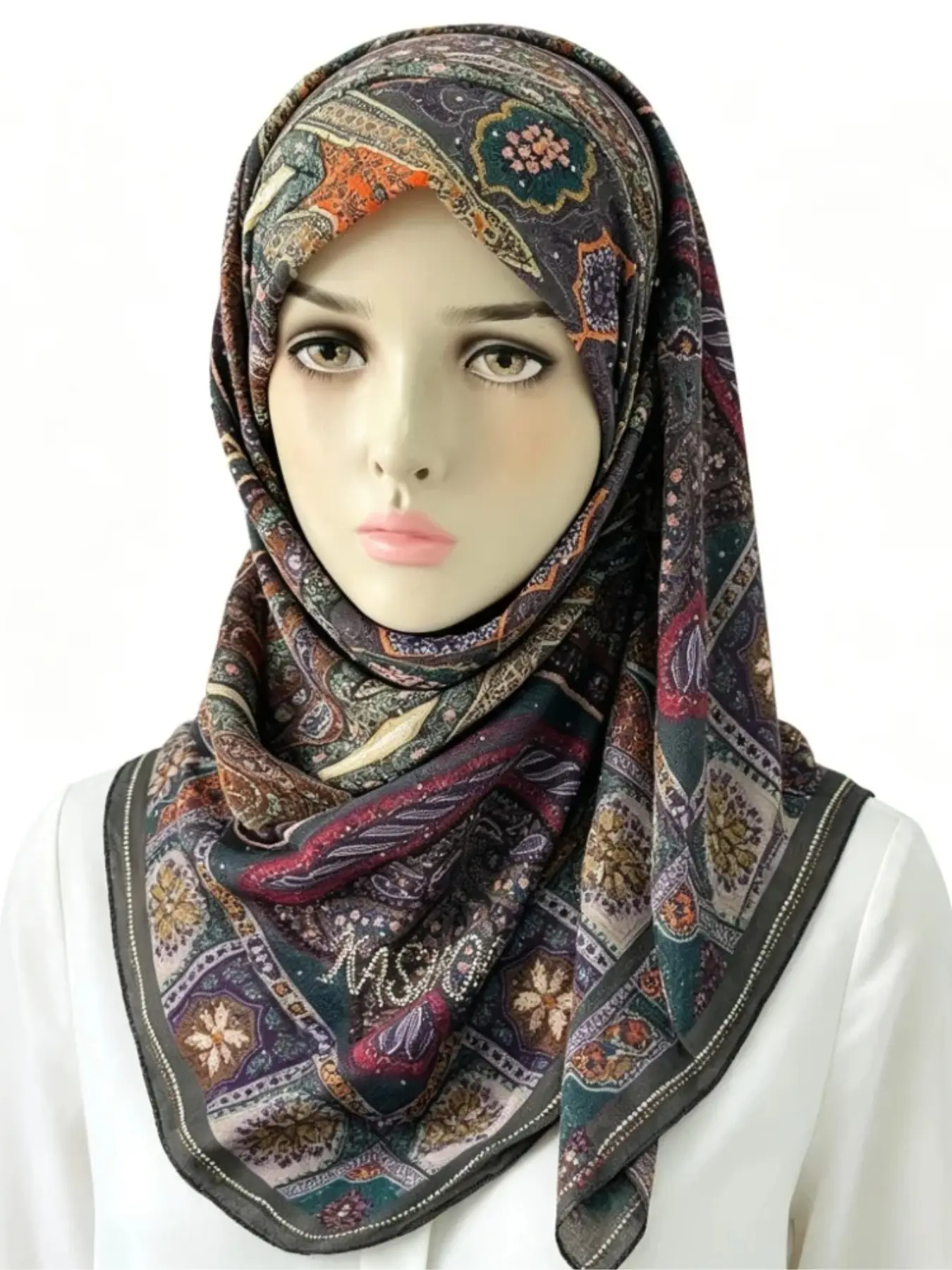 1pc Retro Ethnic Floral Print Chiffon Hijab Women Rhinestone Decor Square Headscarf Fashion Muslim Modest Head Wrap Turban