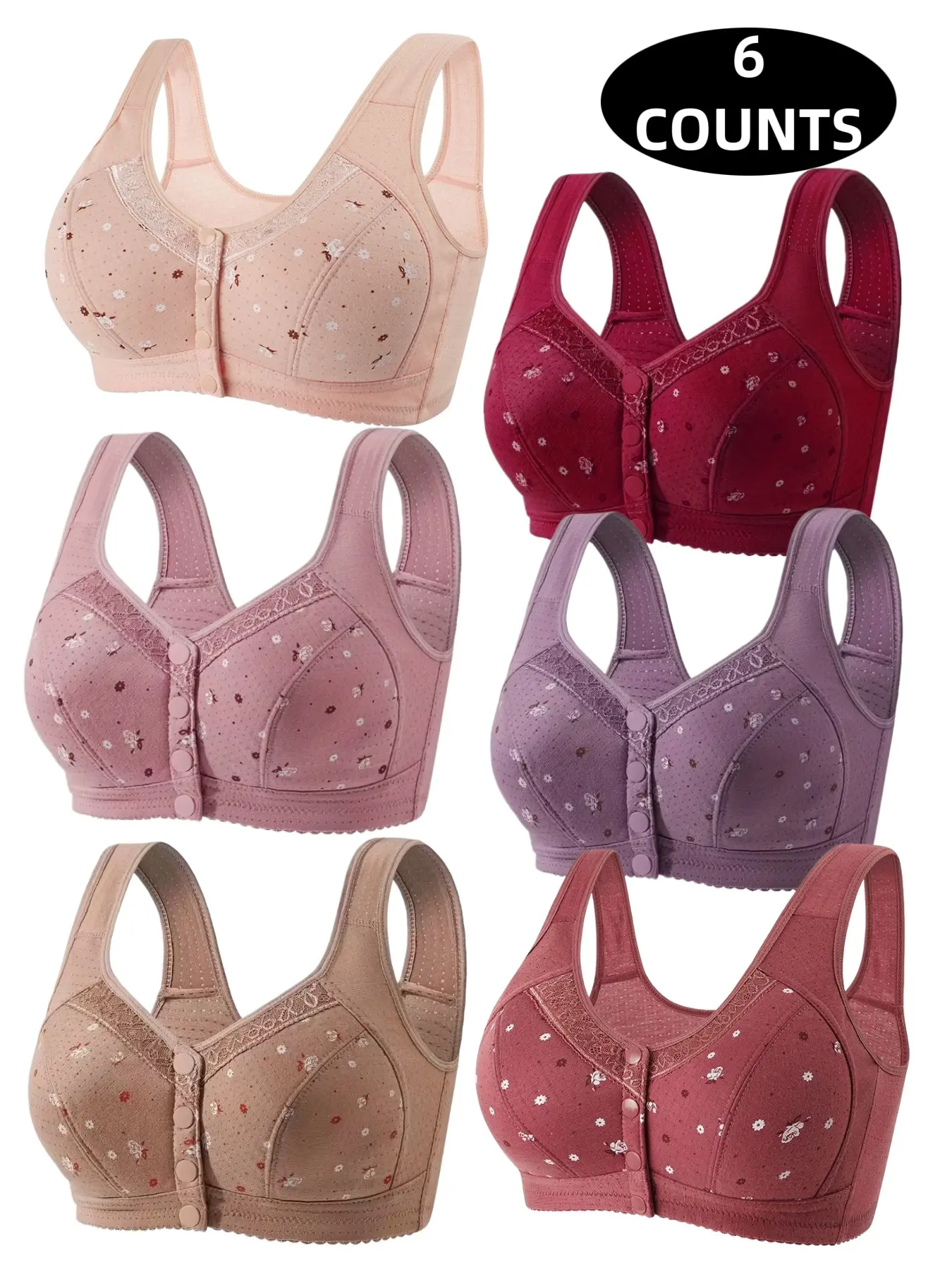 6-Pack Women's Lace Seamless Everyday Bras, Wire-Free Front Clasp Push-Up Underwire Free Bra, Breathable Soft Fabric, All-Day Support
