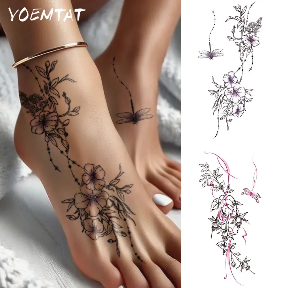 2pcs Vintage Floral Vine Waterproof Temporary Tattoo Sticker, Temporary Tattoos Stickers, Black Line Sketch Purple Hibiscus Flower With Dragonfly & Pink Streamer Butterfly Body Art Hand Wrist Forearm Ankle Fake Tattoos Sleeve For Women Men Aldults